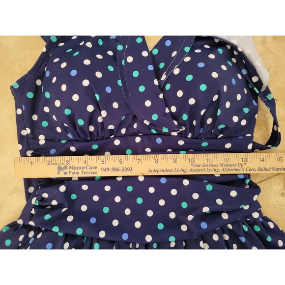 Denim & Co. Beach Ruffle Neck Skirted Swim Dress Suit Blue Dots NWOT Sz 12 - Picture 9 of 10